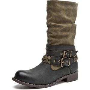 Women's Green SelRoys Mid-Calf Motorcycle Riding Boots Buckle Straps Pull-On